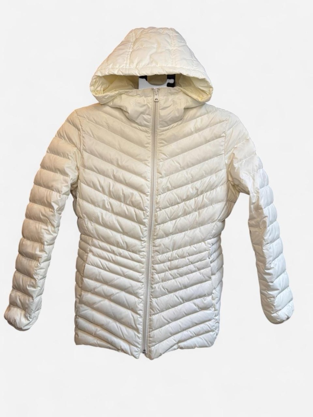 Lands' End Off-White Hooded Chevron Quilted Packable Puffer